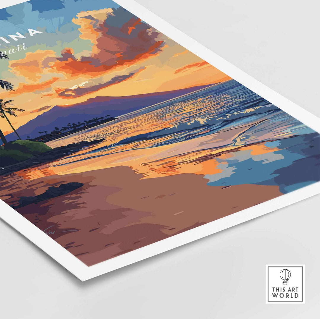 Colorful Lahaina wall art featuring a sunset beach scene in Hawaii with vibrant clouds and ocean waves.