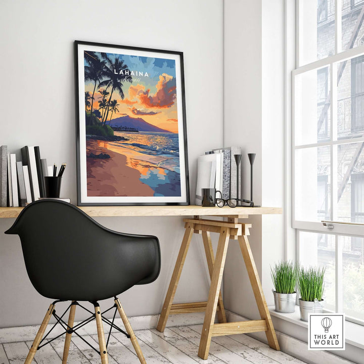 Lahaina wall art featuring a vibrant Hawaiian sunset, displayed in a modern home office setting.