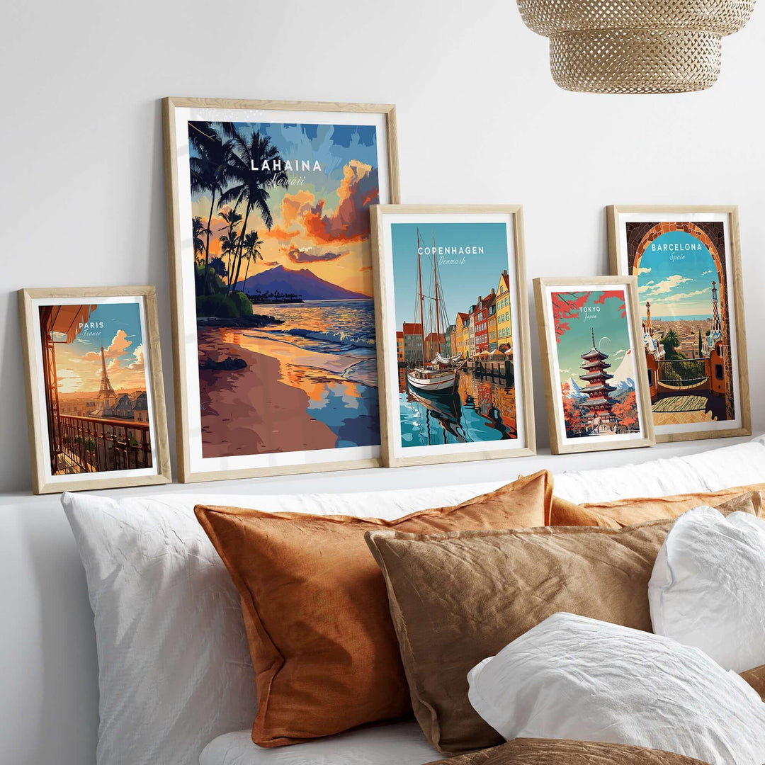 Lahaina Wall Art featuring vibrant Hawaiian landscapes and coastal scenes in elegant frames on a cozy bed setting.