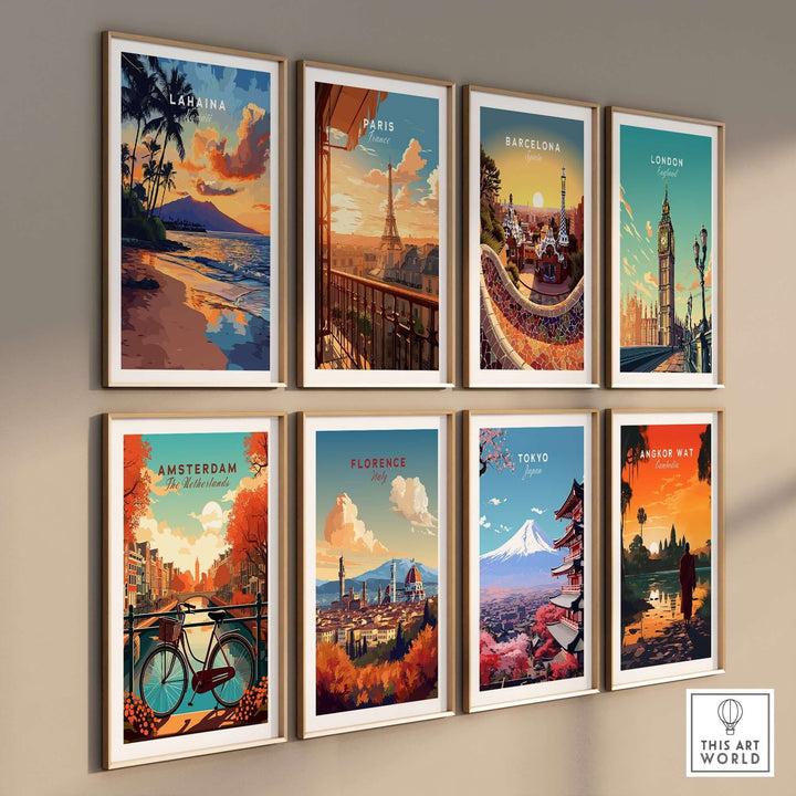 Colorful framed wall art featuring Lahaina, Paris, Barcelona, London, Amsterdam, Florence, Tokyo, and Angkor Wat.