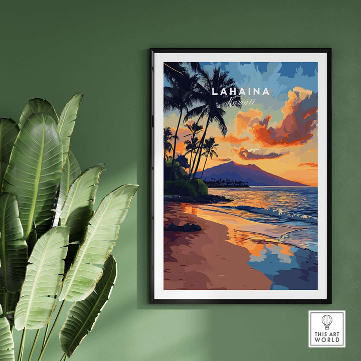 Lahaina Wall Art featuring vibrant beach scene with palm trees and sunset over the ocean, perfect for Hawaii decor.