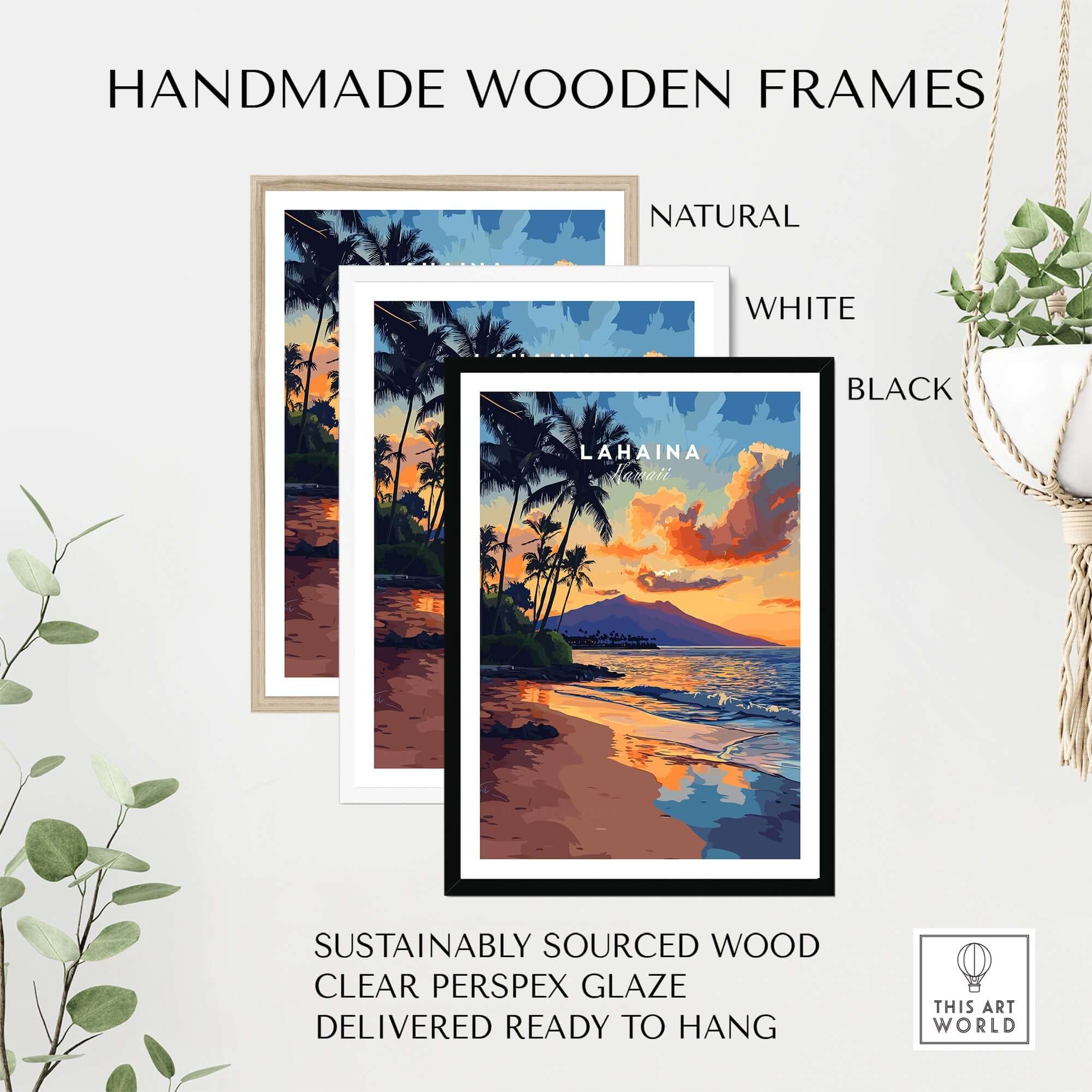 Lahaina Wall Art Hawaii framed in natural, white, and black handmade wooden frames, showcasing a stunning Hawaiian sunset.