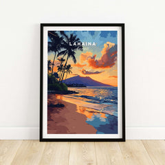 Lahaina Wall Art Hawaii featuring a vibrant sunset and palm trees reflecting the beauty of Hawaii.
