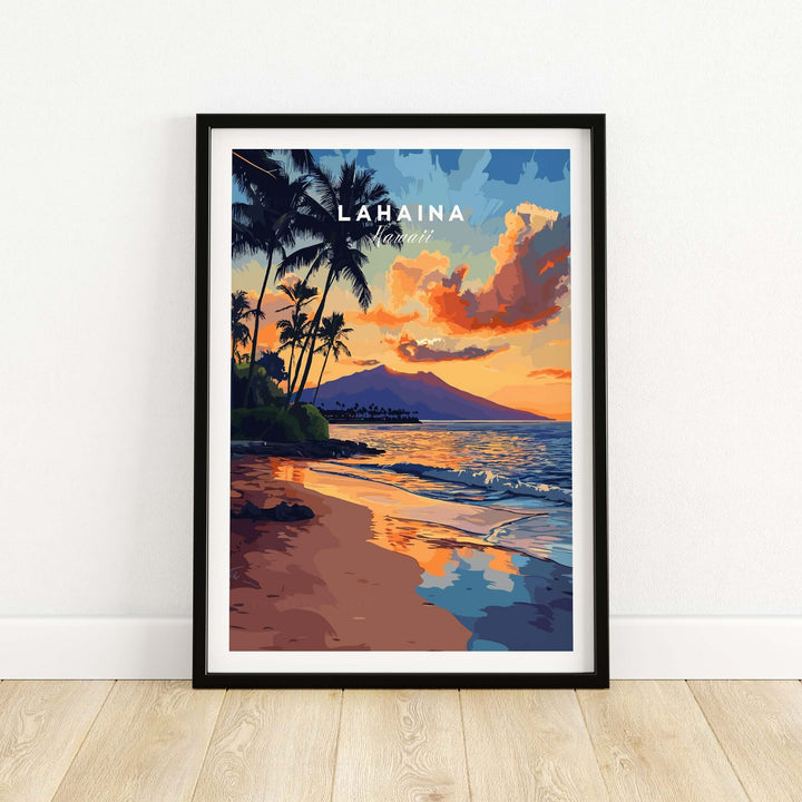 Lahaina wall art featuring a vibrant sunset over the ocean with palm trees, capturing the beauty of Hawaii.