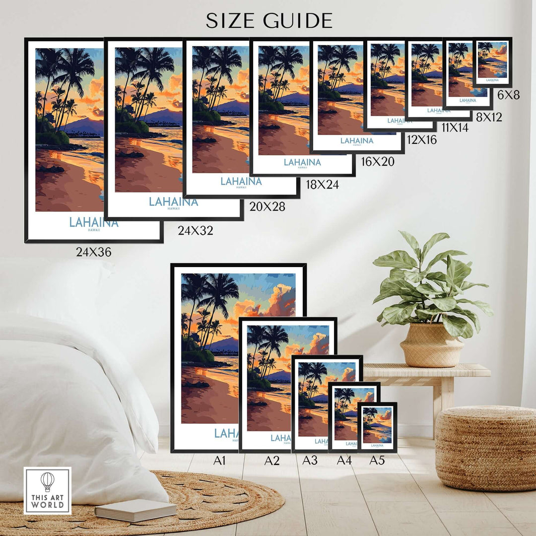 Lahaina wall art print size guide with various dimensions showcased in a cozy living room setting.