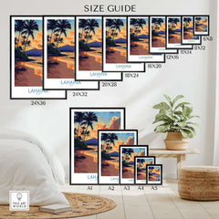 Lahaina Wall Art Print size guide displaying various frame options and dimensions for the coastal landscape.