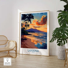 Lahaina Wall Art Print showcasing a vibrant coastal landscape with palms and sunset colors, ideal for home decor.