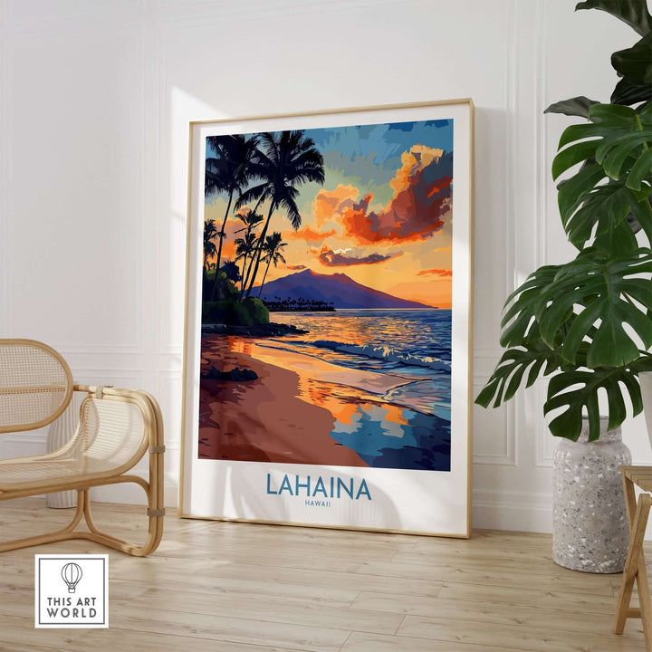 Lahaina wall art print featuring a vibrant Hawaiian sunset, palm trees, and serene beach scene.