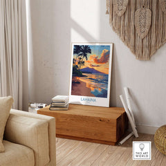 Lahaina Wall Art Print showcasing a coastal landscape with vibrant colors and tranquil scene, perfect for home decor.