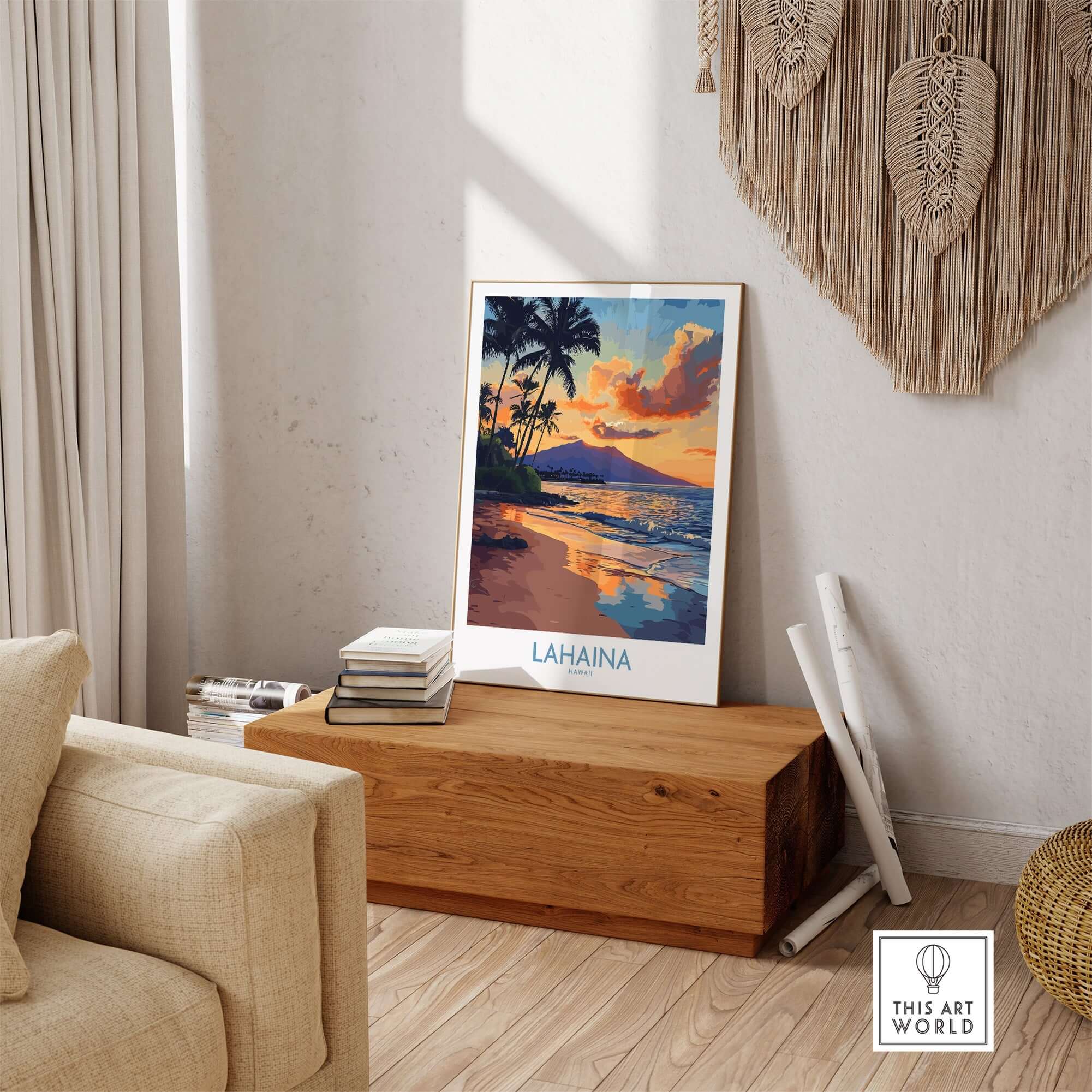 Lahaina Wall Art Print showcasing a coastal landscape with vibrant colors and tranquil scene, perfect for home decor.