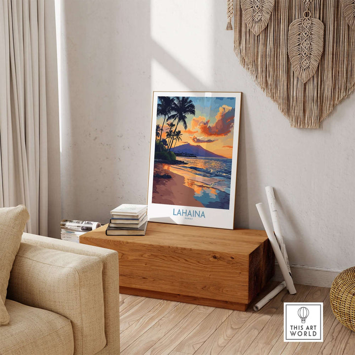 Lahaina wall art print displayed in a stylish living room, showcasing a sunset over the beach with palm trees.