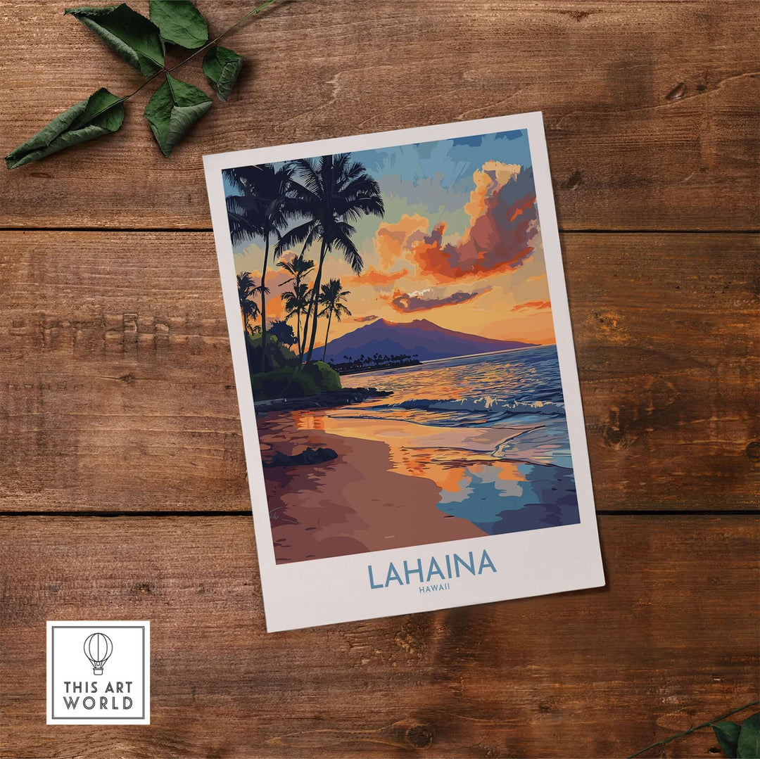 Lahaina wall art print featuring a sunset over the ocean with palm trees, perfect for home decor.