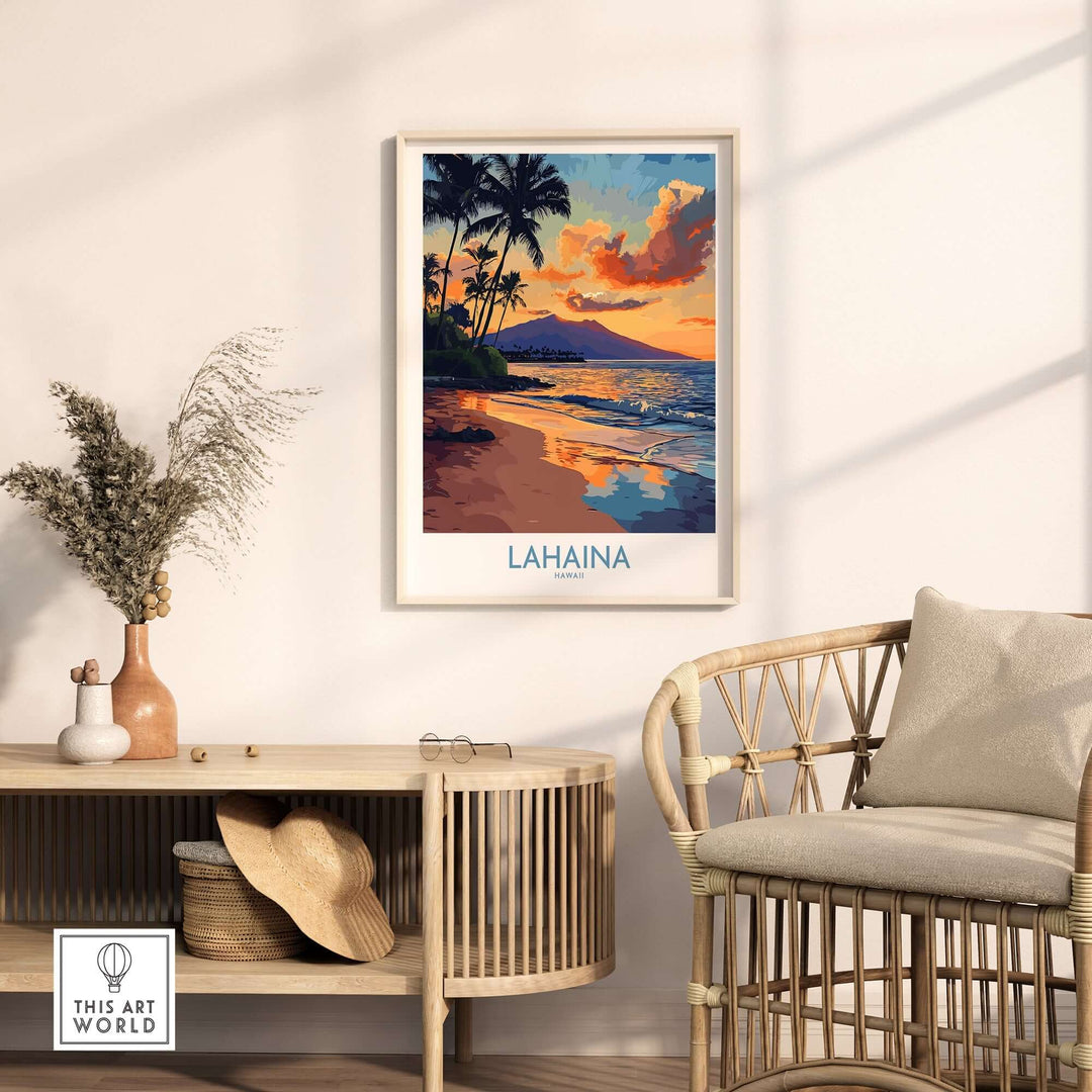 Lahaina wall art print featuring a scenic beach sunset, palm trees, and vibrant colors, displayed in a stylish home setting.