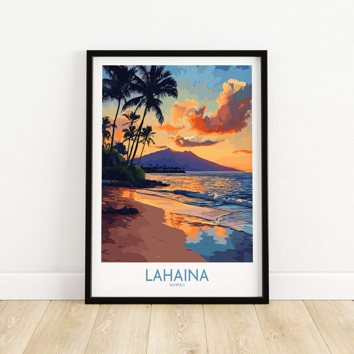 Lahaina wall art print featuring a vibrant sunset over the ocean with palm trees, bringing a Hawaiian vibe to your space.