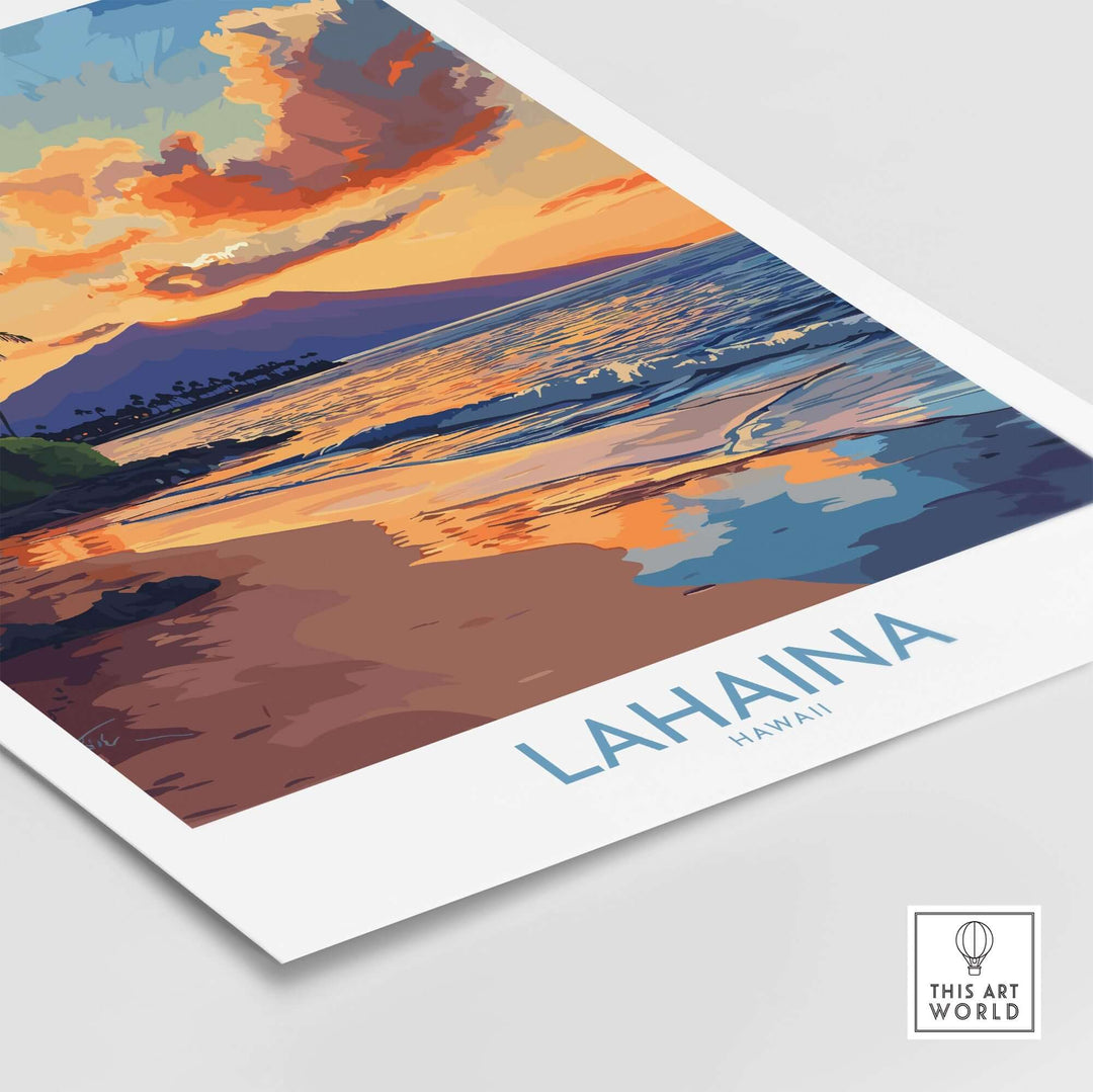 Lahaina wall art print featuring a vibrant sunset over the beach in Hawaii, showcasing colorful sky and ocean reflections.