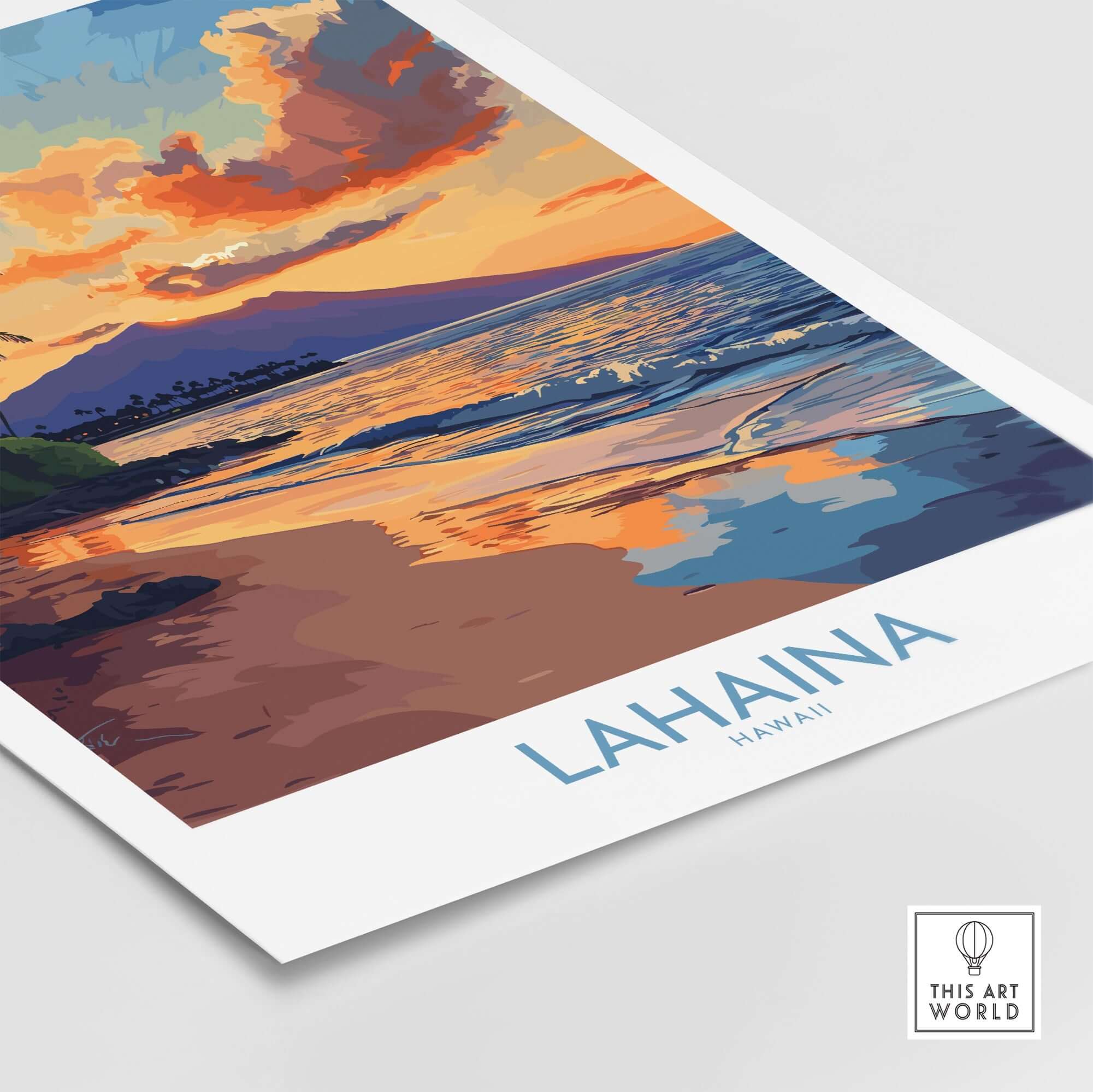 Lahaina Wall Art Print showcasing a vibrant coastal landscape with colorful sunset reflections.