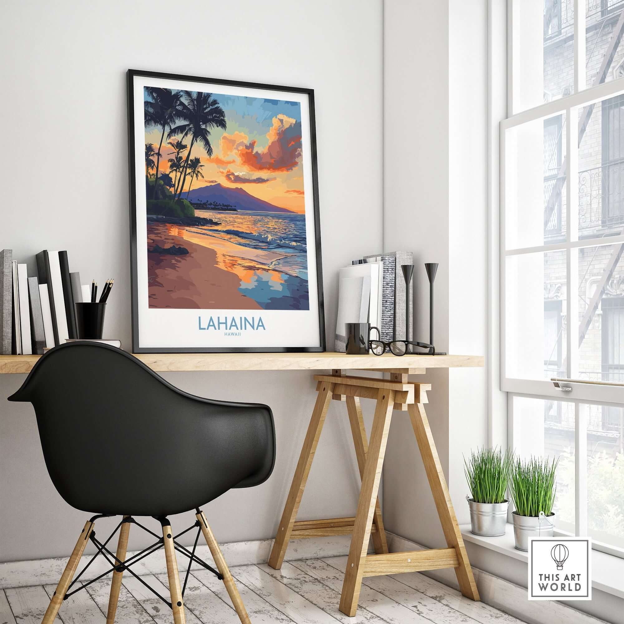 Lahaina Wall Art Print displayed in a modern office setting, featuring a coastal landscape with palm trees and vibrant sunset.