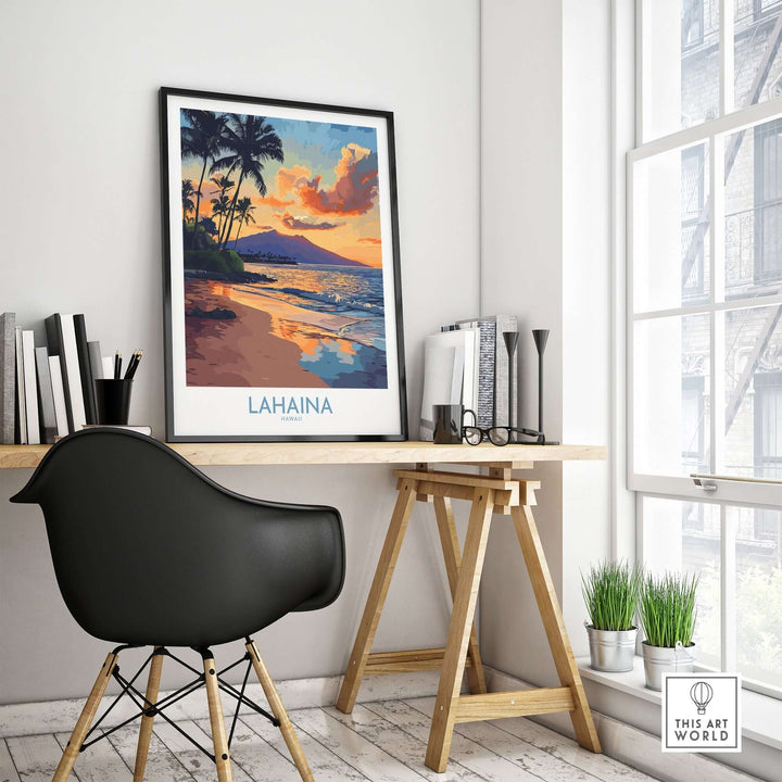 Lahaina wall art print displayed in a stylish workspace, featuring a sunset beach scene and tropical palm trees.