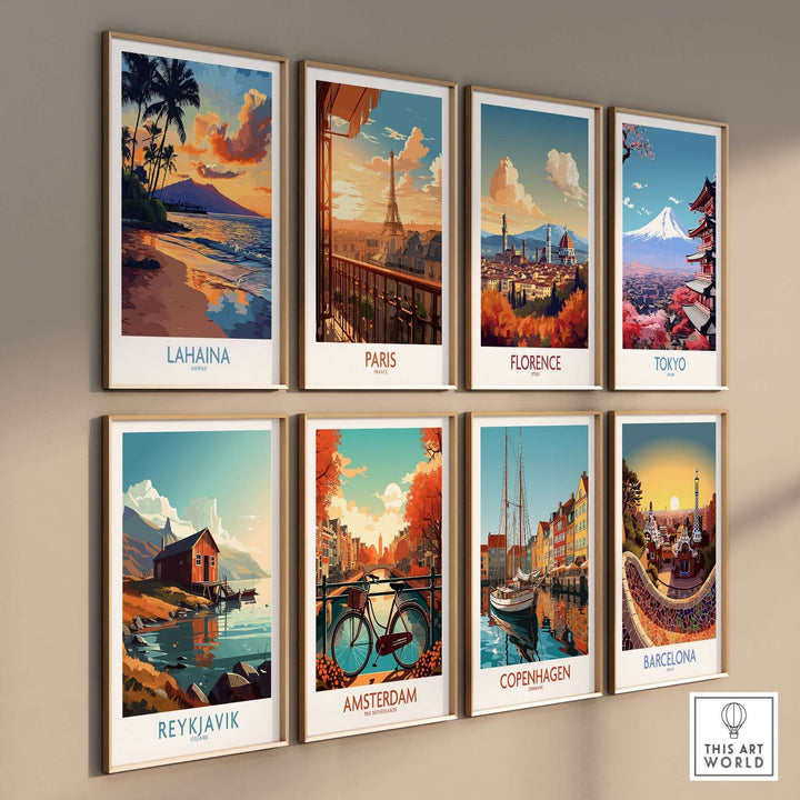 Lahaina wall art print among cityscapes of Paris, Florence, Tokyo, Reykjavik, Amsterdam, Copenhagen, and Barcelona.