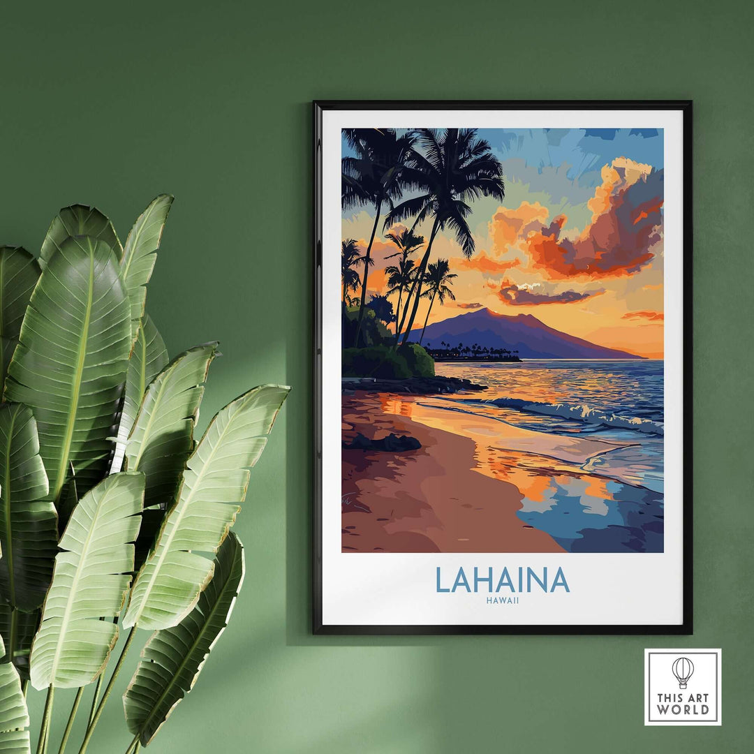 Lahaina wall art print featuring a vibrant Hawaiian beach scene with palm trees and a sunset. Perfect for home decor.