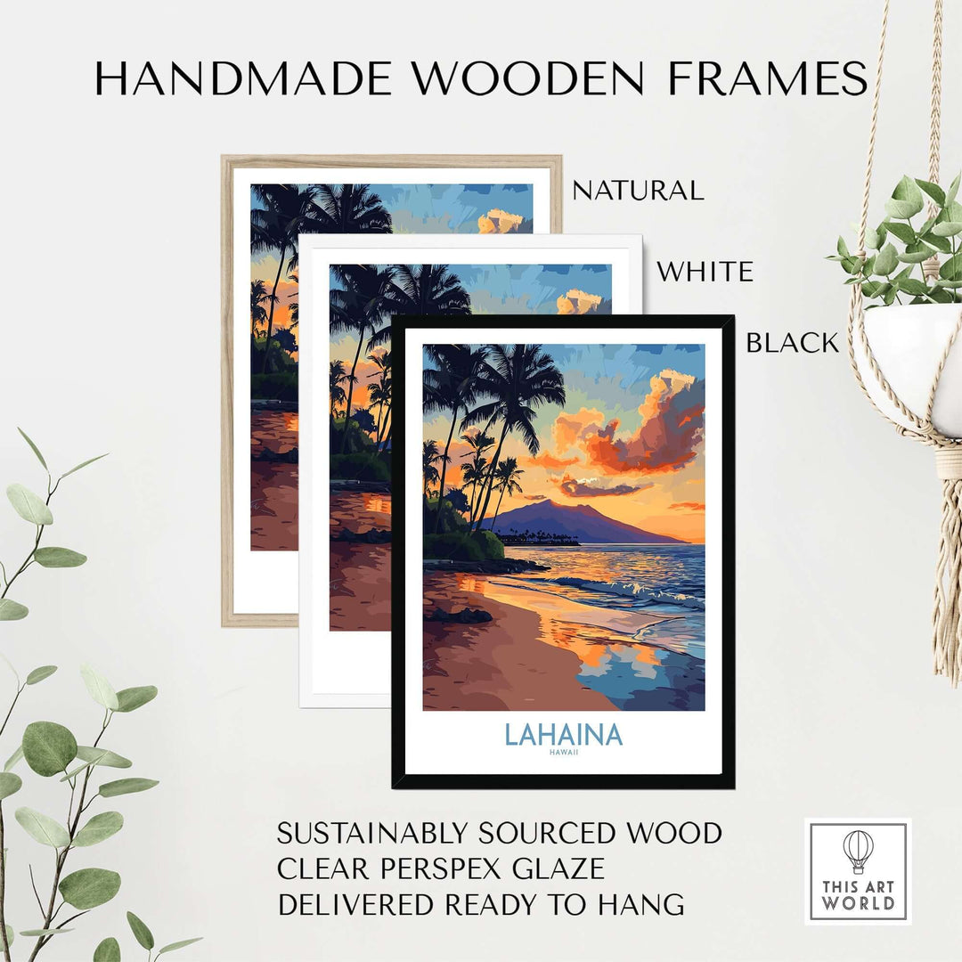 Lahaina Wall Art Print in handmade wooden frames, showcasing natural, white, and black options for home decor.