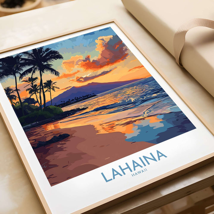 Lahaina wall art print featuring a vibrant sunset over the beach, palm trees, and ocean in an artistic style.