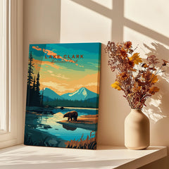 Lake Clark National Park art print with bear, mountain landscape, and vase of dried flowers by window