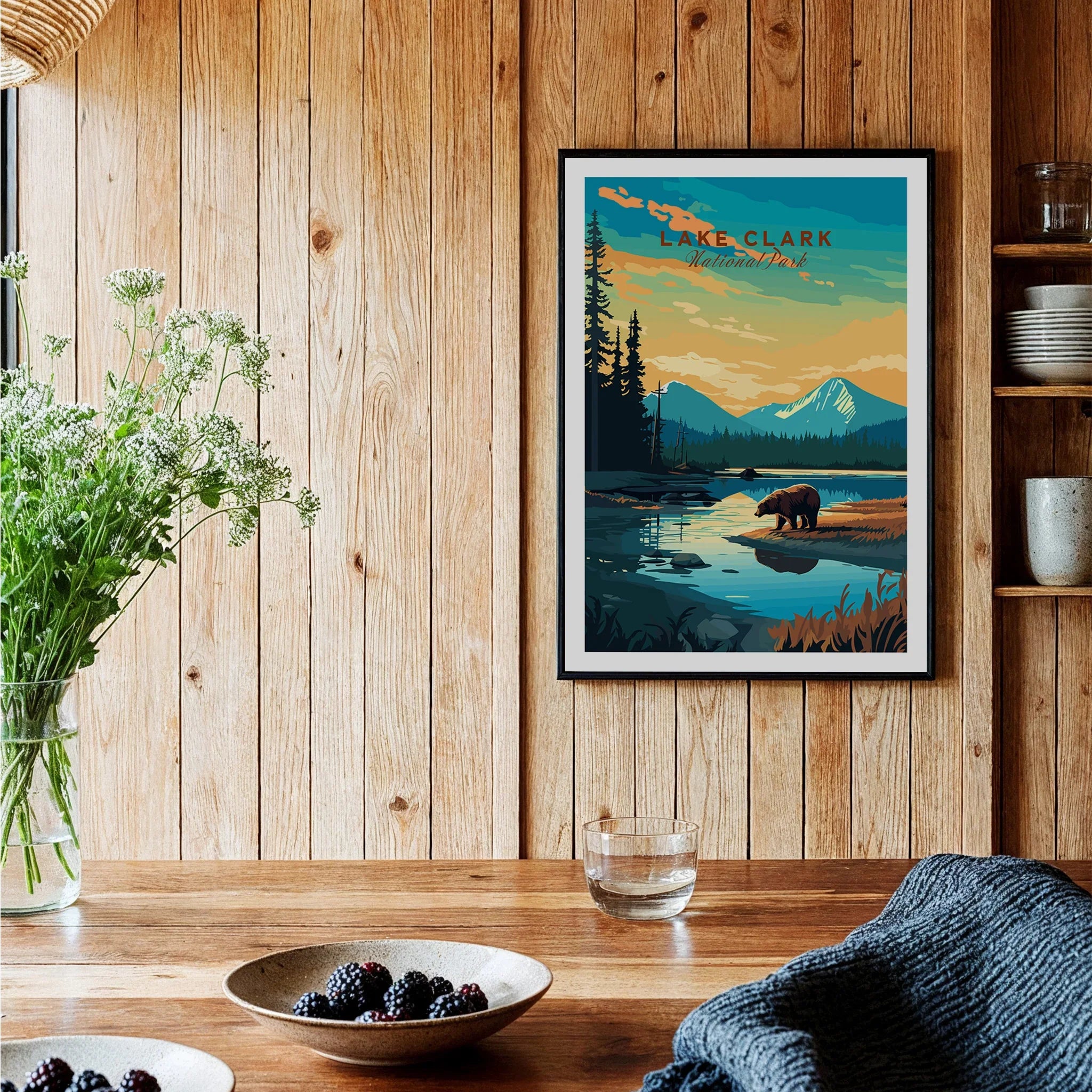 Lake Clark National Park art print with bear and mountain, framed in rustic kitchen decor