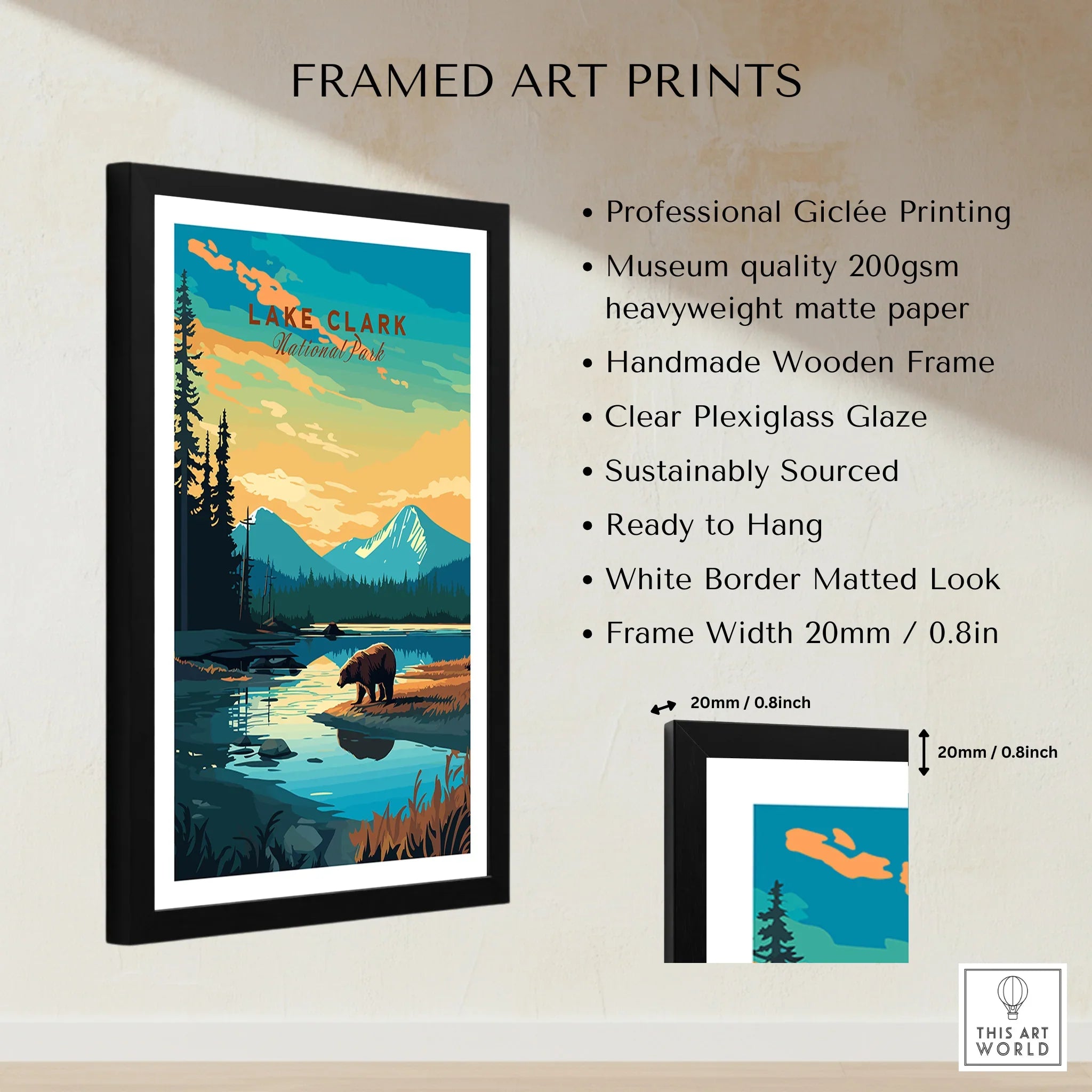 Lake Clark National Park framed art print with bear, mountains, and trees, giclée printing details