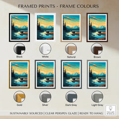 Lake Clark National Park travel poster print with multiple frame color options, nature art