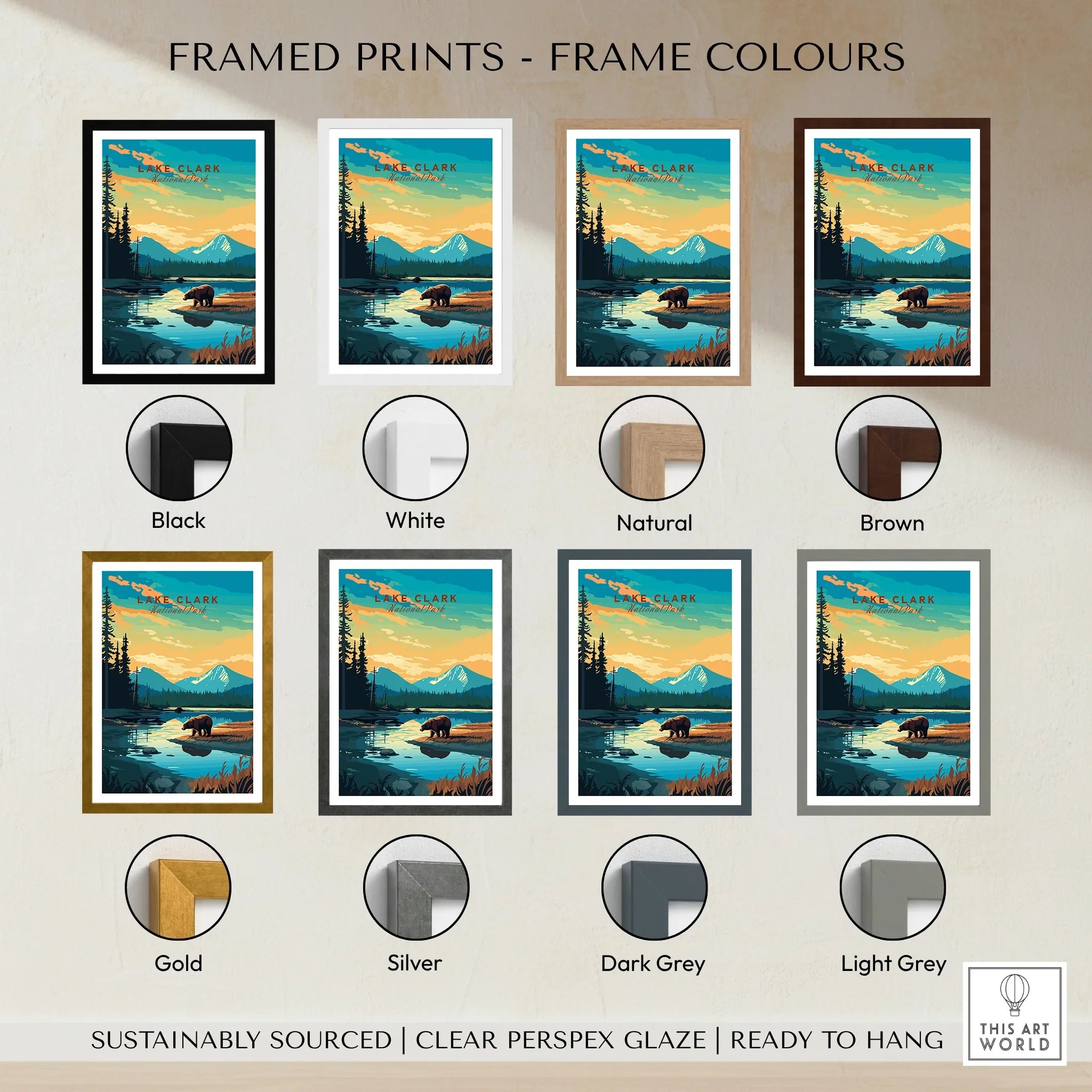 Lake Clark National Park travel poster print with multiple frame color options, nature art