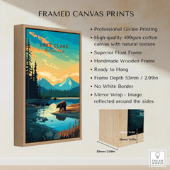 Lake Clark National Park framed canvas print with bear, lake, mountains, and wooden float frame