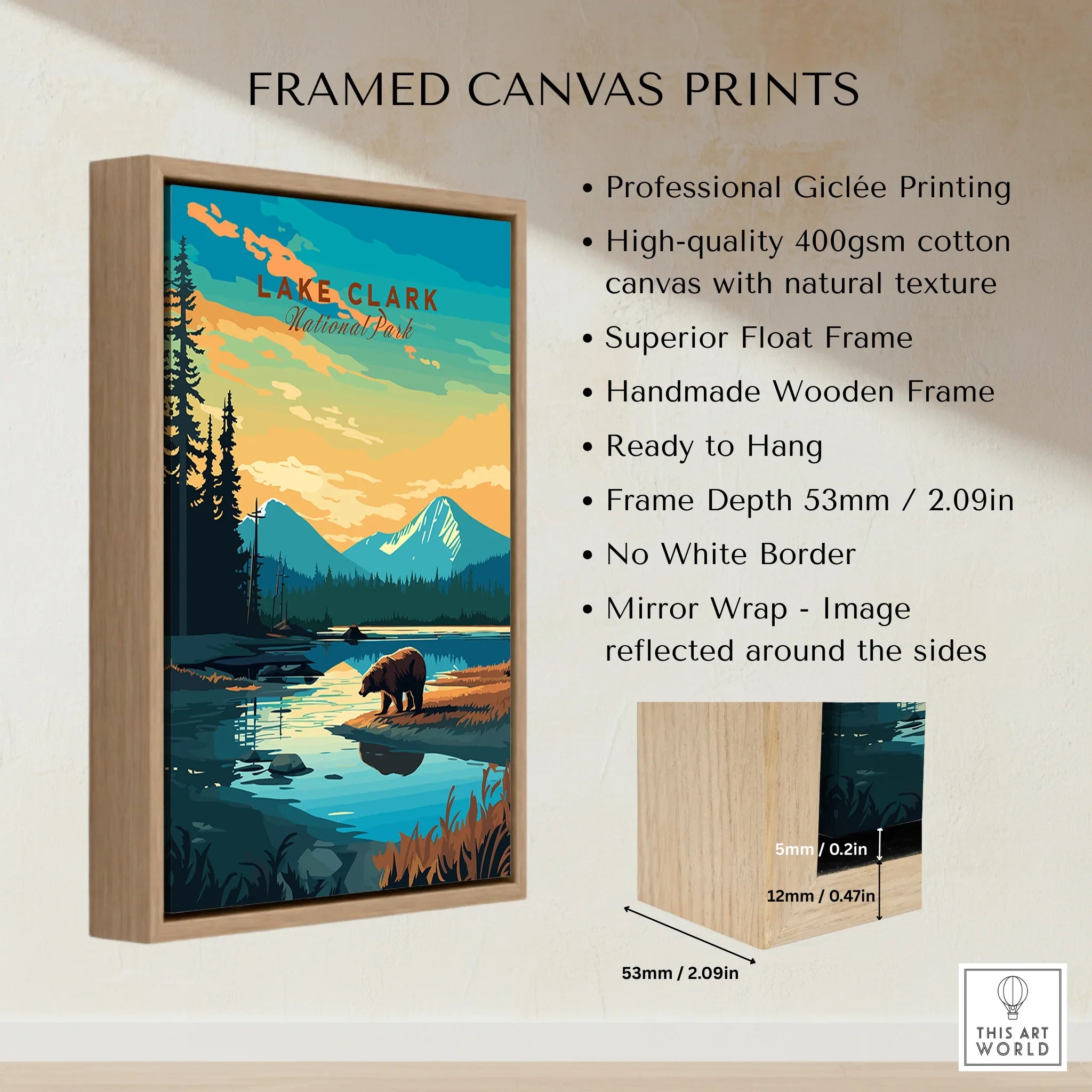 Lake Clark National Park framed canvas print with bear, lake, mountains, and wooden float frame