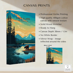 Lake Clark National Park canvas print with bear, mountains, lake, and pine trees, wall art details