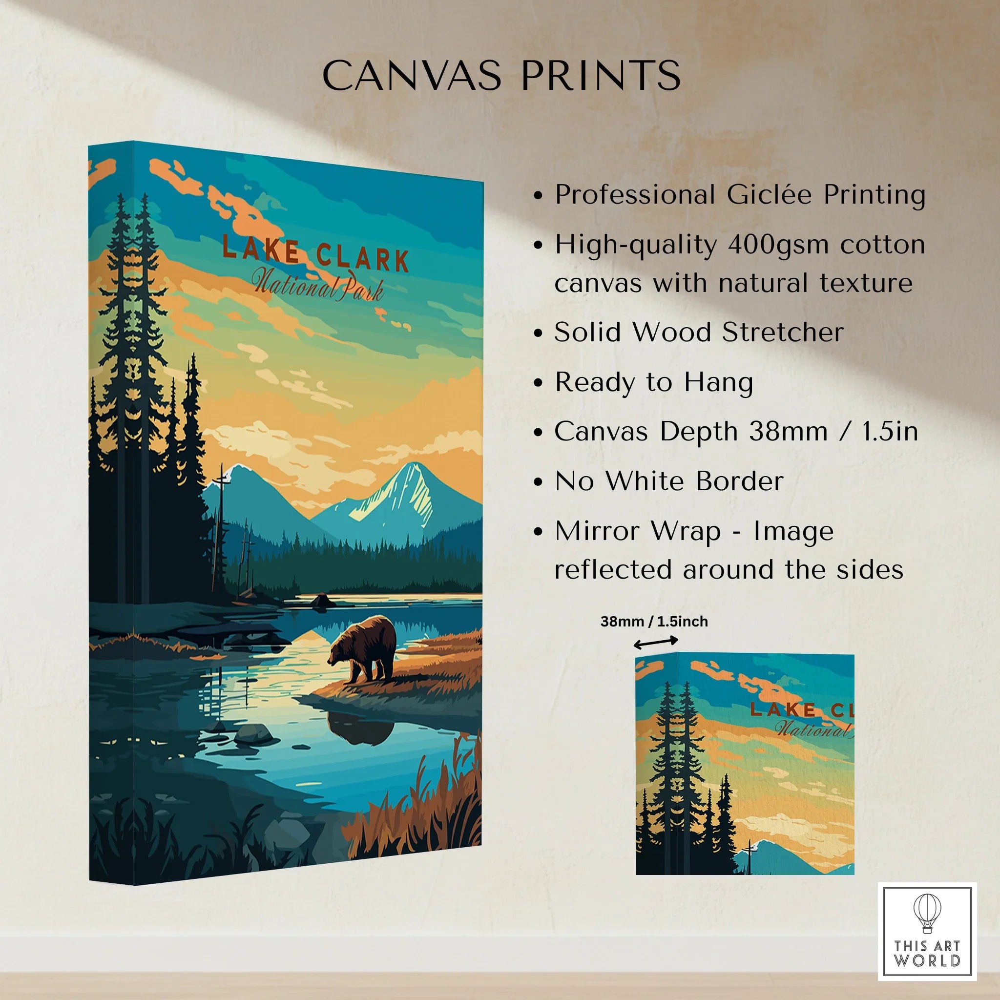 Lake Clark National Park canvas print with bear, mountains, lake, and pine trees, wall art details
