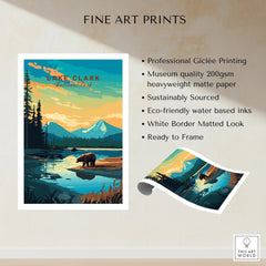Lake Clark National Park art print featuring a bear by a lake, mountains, and pine trees