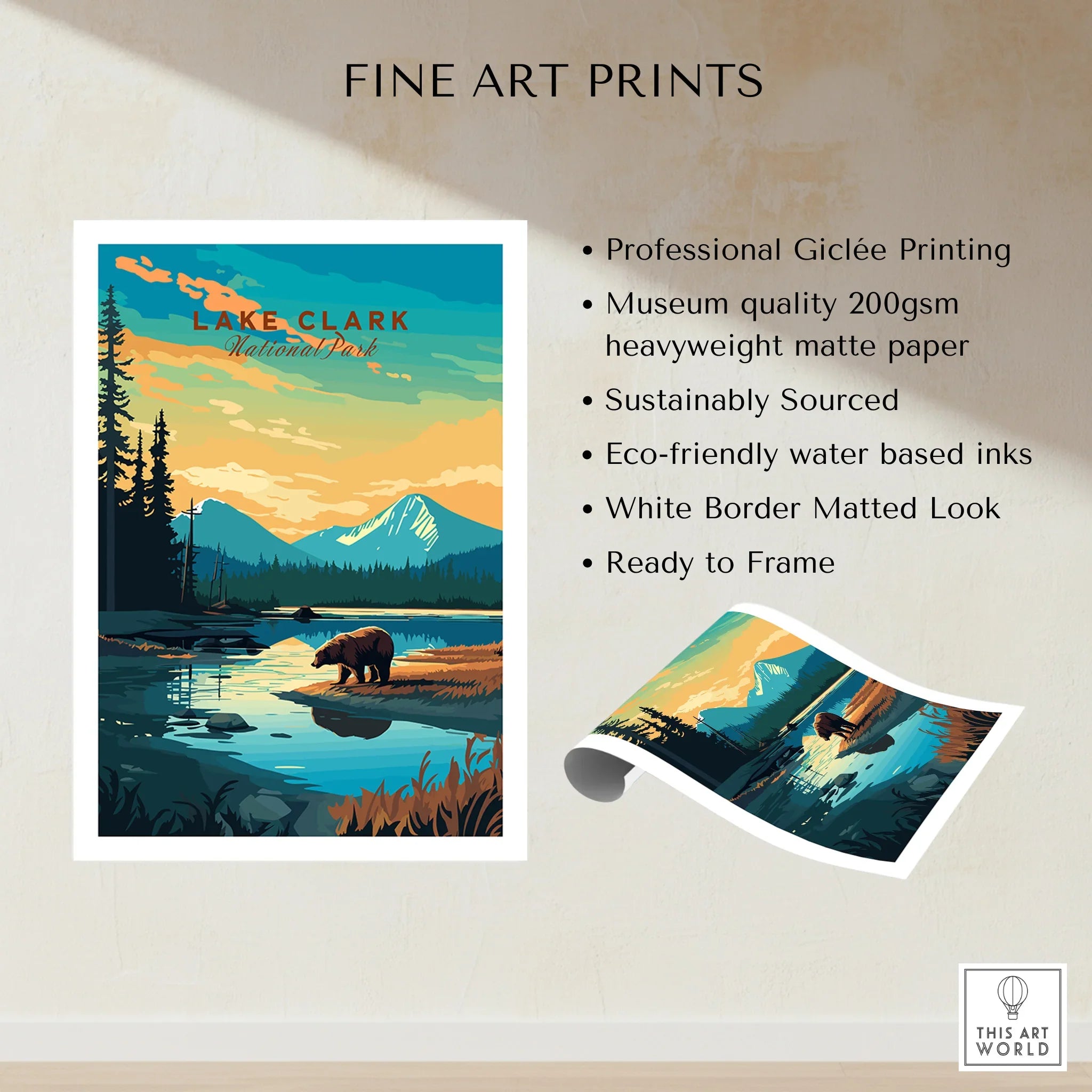 Lake Clark National Park art print featuring a bear by a lake, mountains, and pine trees