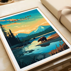 Lake Clark National Park framed art print with bear by a lake at sunset, unwrapped gift