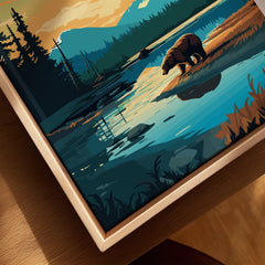 Framed canvas print of a bear by a lake in a scenic national park landscape