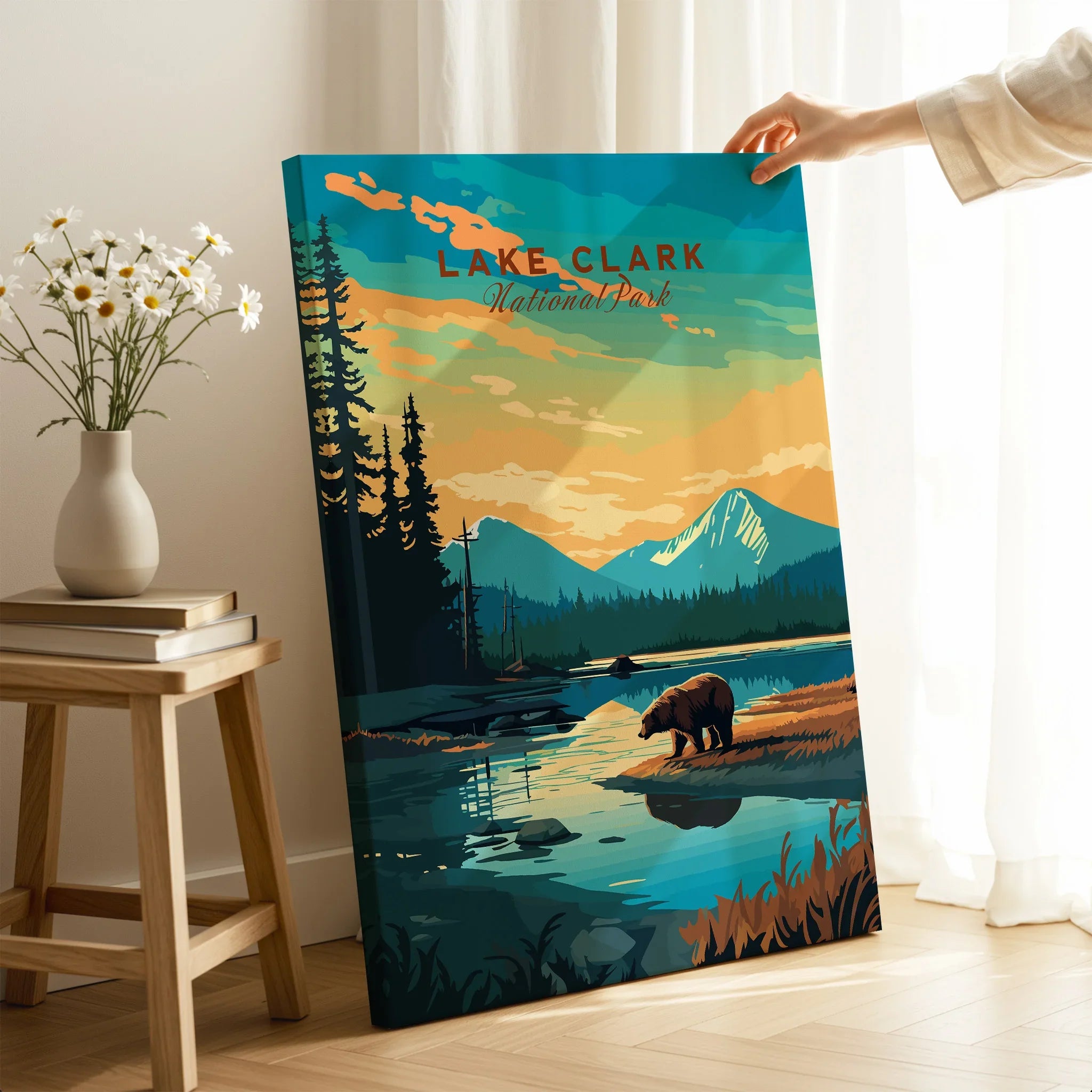 Lake Clark National Park canvas print with bear, mountain, and forest in modern room