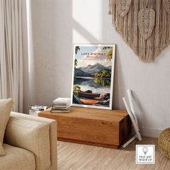 Lake District Art Print showcasing vibrant colors and tranquil scenery in a cozy interior setting.
