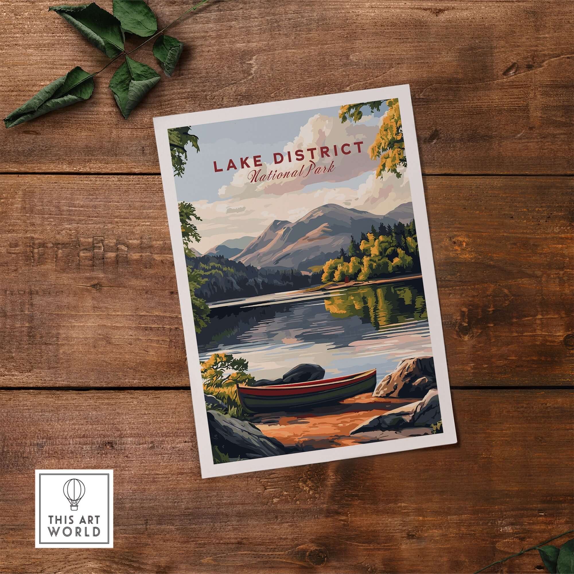 Lake District Art Print showcasing tranquil lakes and mountains in vibrant colors, perfect for nature lovers.