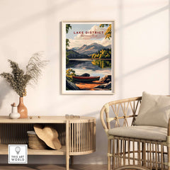 Lake District Art Print in a cozy living room setting with a rattan chair and decorative elements.