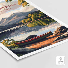 Lake District Art Print showcasing a serene lake with a boat and vibrant nature scenery.