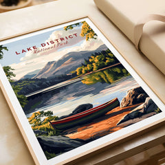Lake District Art Print showcasing a serene lake, mountains, and vibrant nature, perfect for home decor.