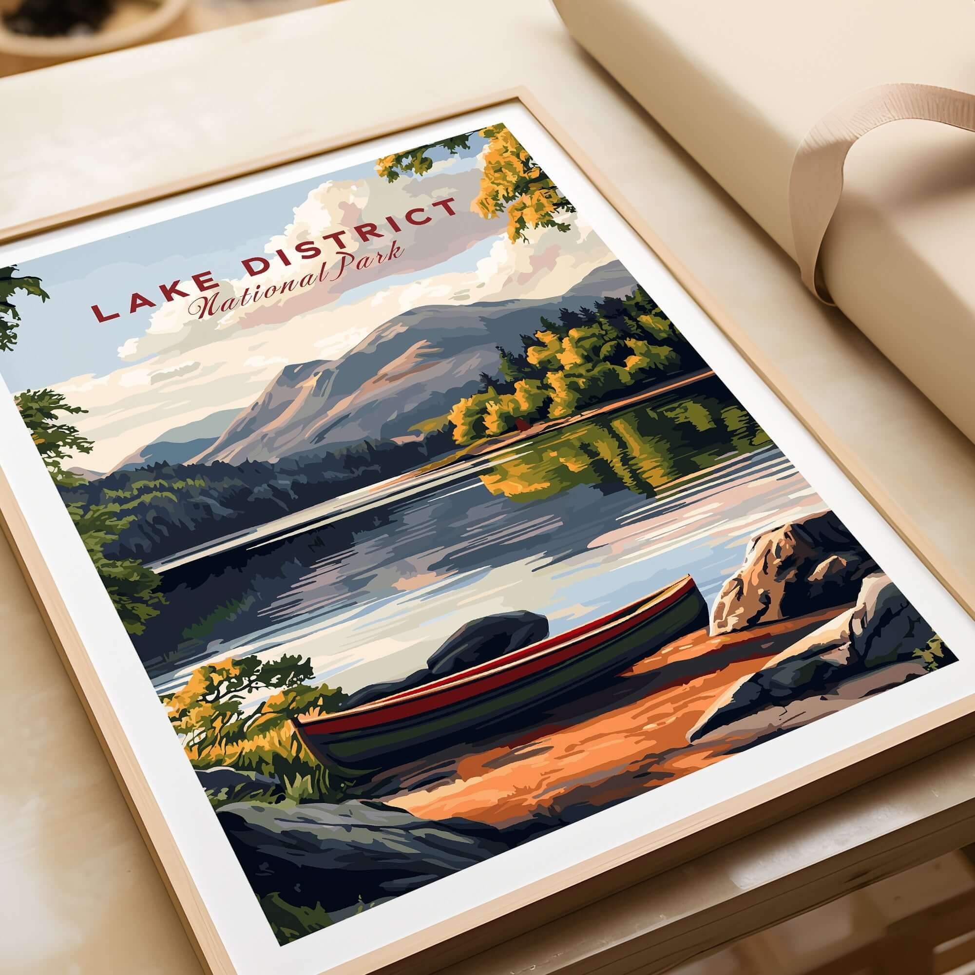 Lake District Art Print showcasing a serene lake, mountains, and vibrant nature, perfect for home decor.