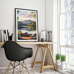 Lake District Art Print in modern decor setting with a wooden table and scenic lake view.