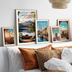 Lake District Art Print displayed among other art prints, showcasing vibrant colors and scenic landscapes.