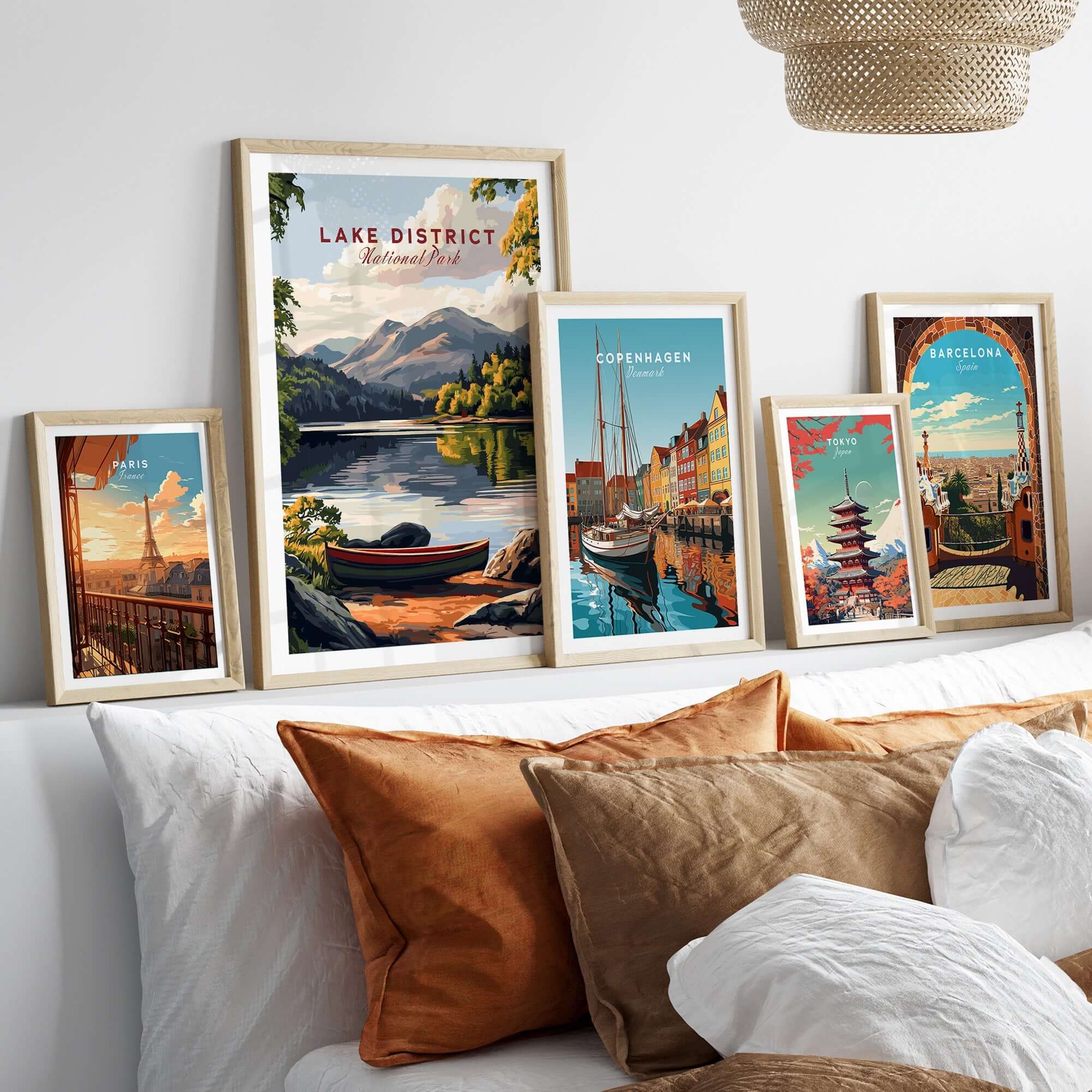 Lake District Art Print displayed among other art prints, showcasing vibrant colors and scenic landscapes.