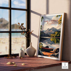 Lake District Art Print showcased in a bright room with scenic lake and mountains in the background.